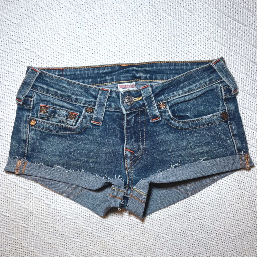True Religion Y2K Low Rise Mini Denim Cut Off Shorts Medium Wash Size 27
